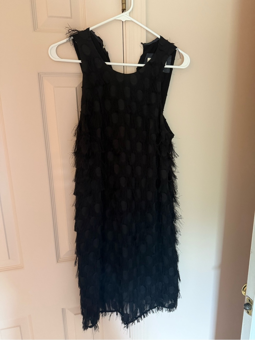 Anthropologie Black Sleeveless Midi Shift Dress with Fringe Dot Texture